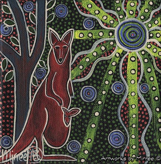 KANGAROO AND BABY WITH LEAVES Framed Canvas Print by Mirree Contemporary Aboriginal Art