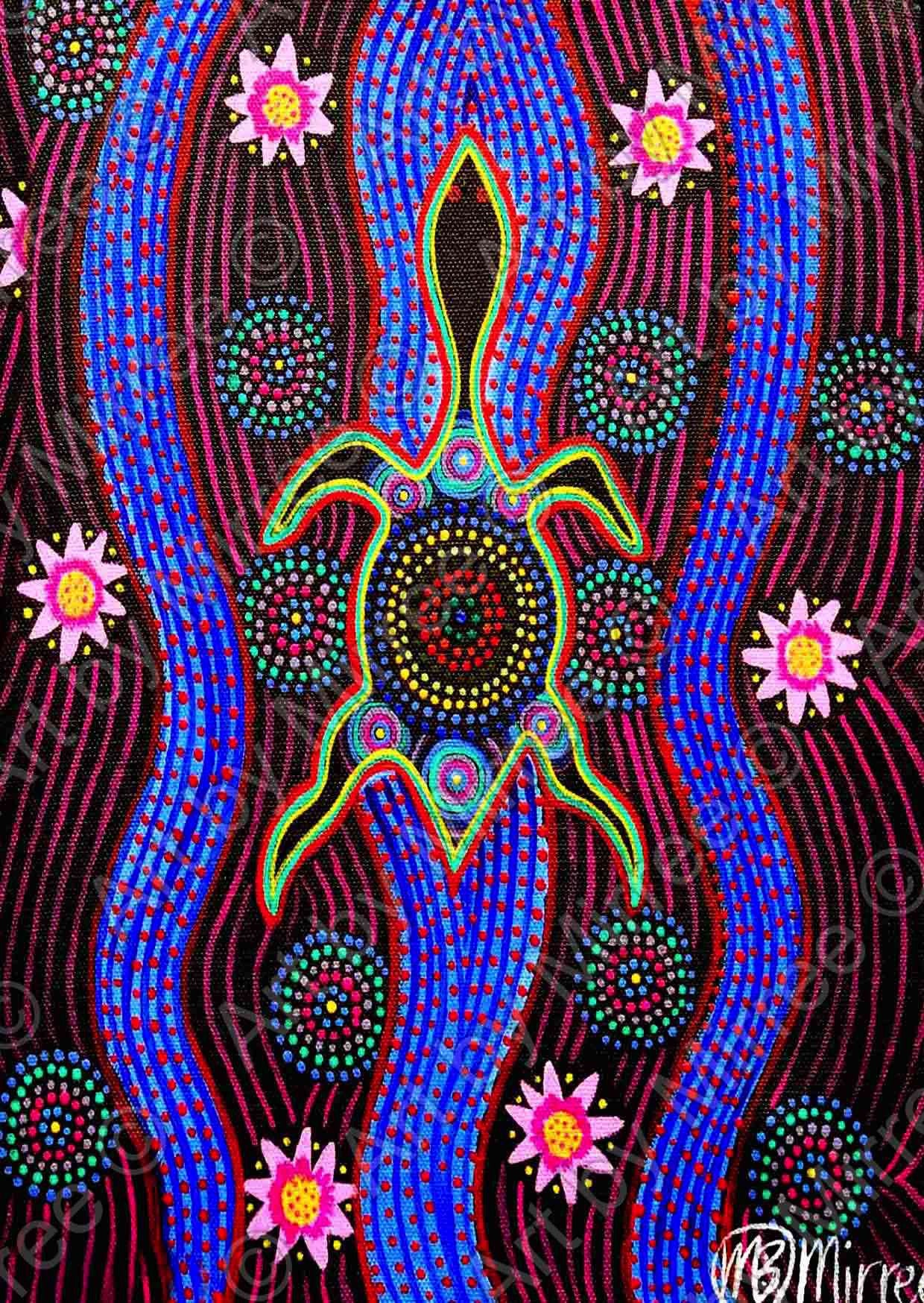 Dreamtime Snake-Head Turtle with lotus Emotions Contemporary Aboriginal Art Print by Mirree