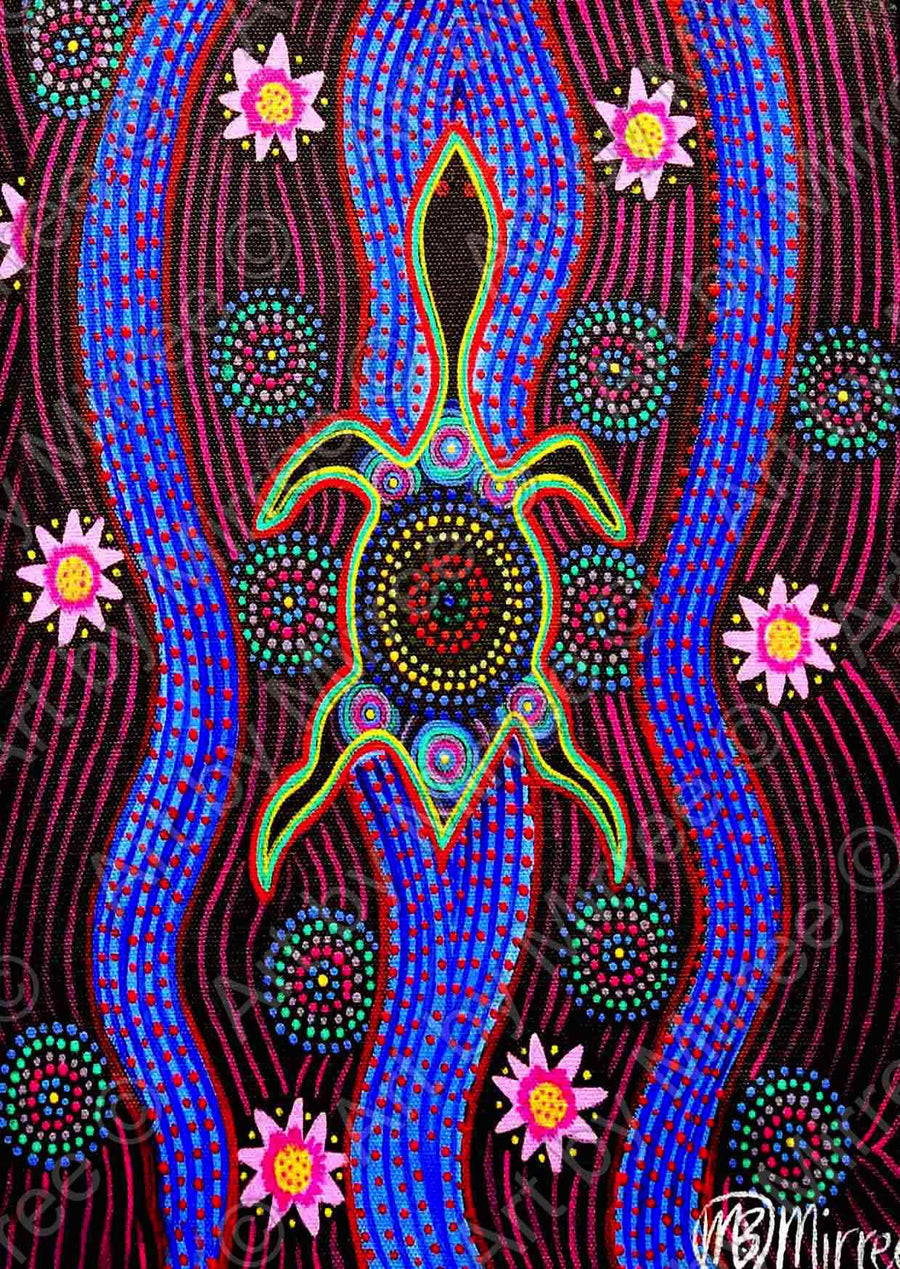Dreamtime Snake-Head Turtle with lotus Emotions Contemporary Aboriginal Art Print by Mirree