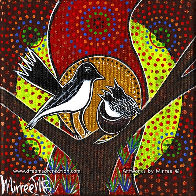 WILLIE WAGTAIL AND BABY DREAMING Framed Canvas Print by Mirree Contemporary Aboriginal Art