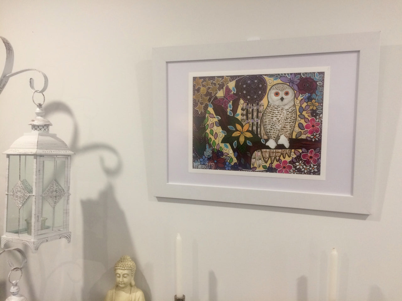 'Snowy Owl Dreaming with Butterfly & flower medicine with Dreamcatcher' A3 Girlcee Print by Mirree Contemporary Aboriginal Art