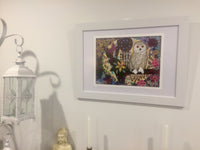 Thumbnail for 'Snowy Owl Dreaming with Butterfly & flower medicine with Dreamcatcher' A3 Girlcee Print by Mirree Contemporary Aboriginal Art