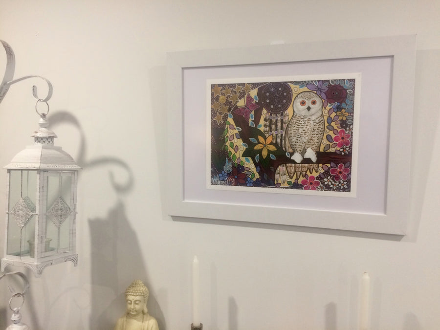 'Snowy Owl Dreaming with Butterfly & flower medicine with Dreamcatcher' A3 Girlcee Print by Mirree Contemporary Aboriginal Art