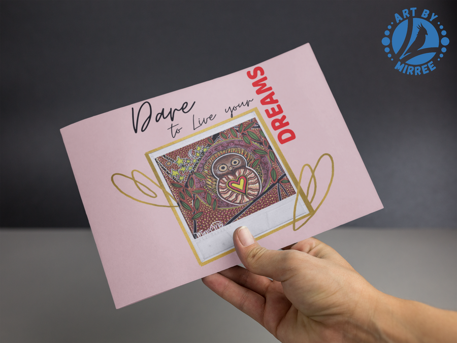 Dare to Live your Dreams with Owl Aboriginal Art by Mirree A6 PostCard Single