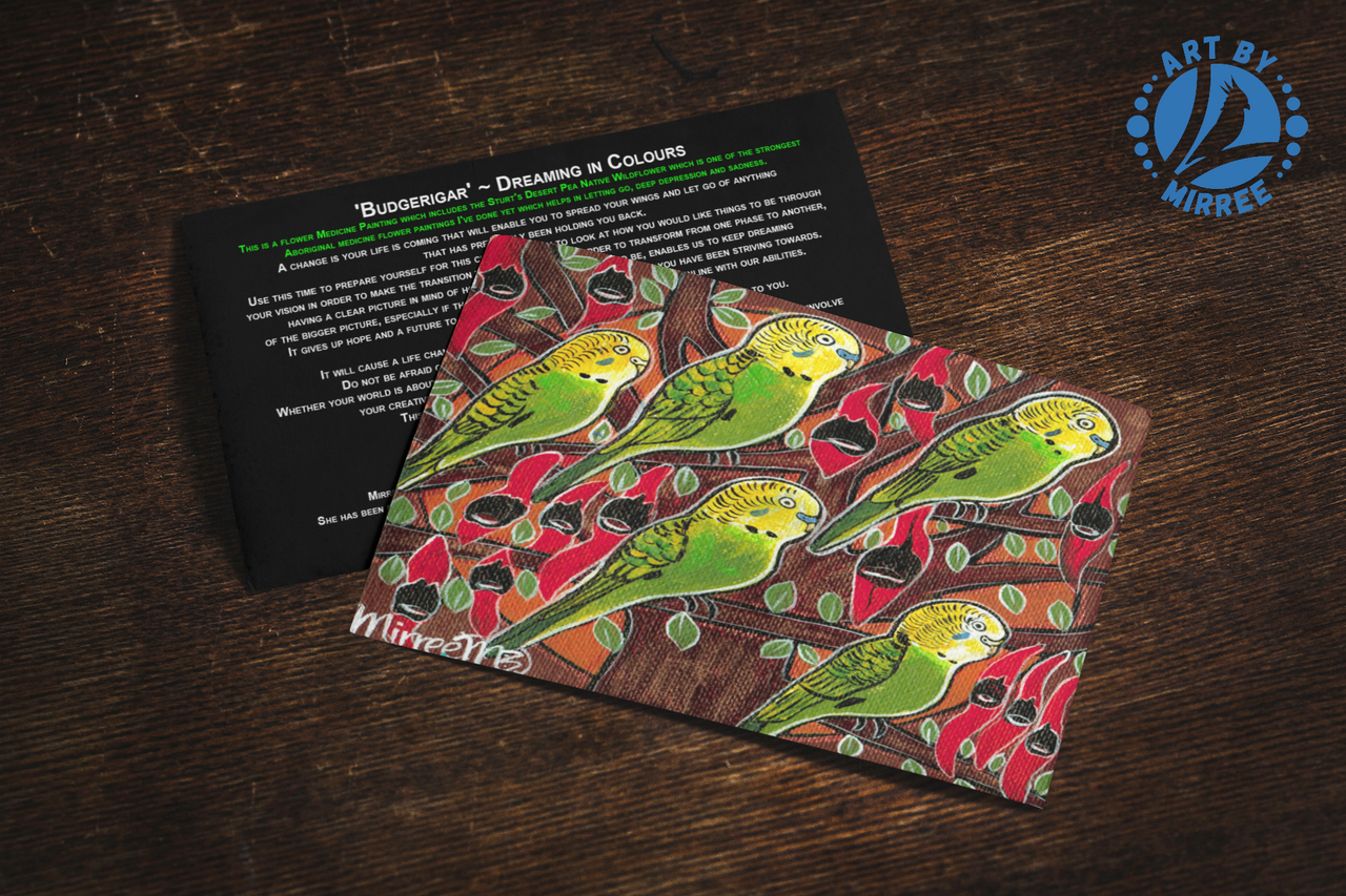 'Budgerigars with Flower Medicine' Aboriginal Art A6 Story PostCard Single by Mirree