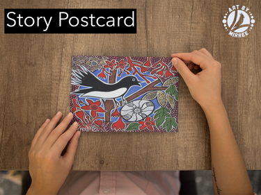 'Willie Wagtail Dreaming with Coolamon and Flower Medicine' Aboriginal Art A6 Story PostCard Single by Mirree