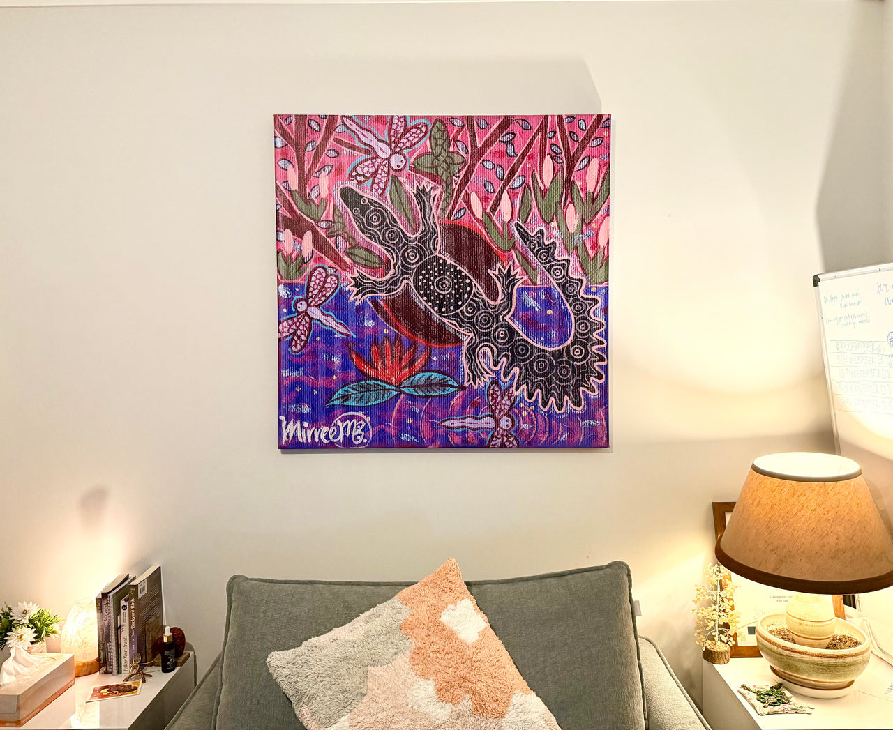 Crocodile Swamp with Dragonfly Framed Canvas Print by Mirree Contemporary Aboriginal Art
