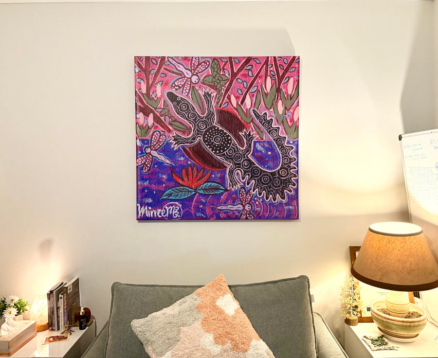 Crocodile Swamp with Dragonfly Framed Canvas Print by Mirree Contemporary Aboriginal Art