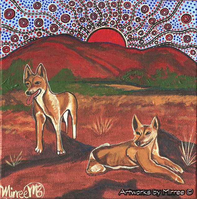 Australian Desert Dingoes by Mountain and Plain Framed Canvas Print by Mirree Contemporary Aboriginal Art