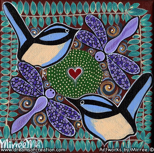 Sacred Water Site with Blue Wren and Dragonfly Framed Canvas Print by Mirree Contemporary Aboriginal Art