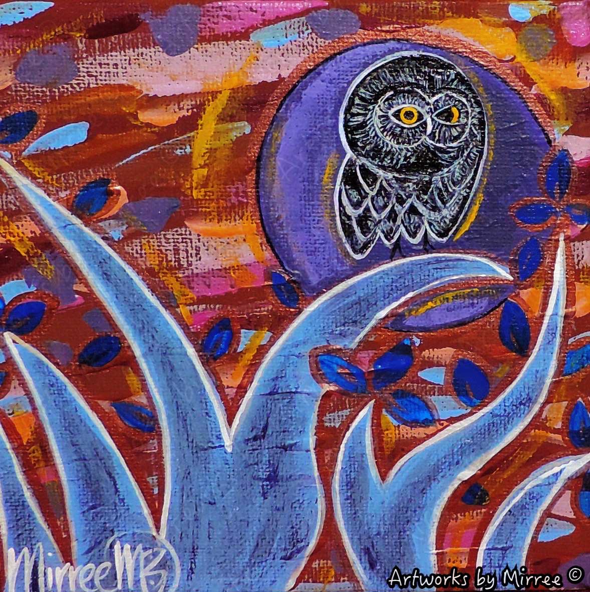 Day Owl Purple Moon Framed Canvas Print by Mirree Contemporary Aboriginal Art