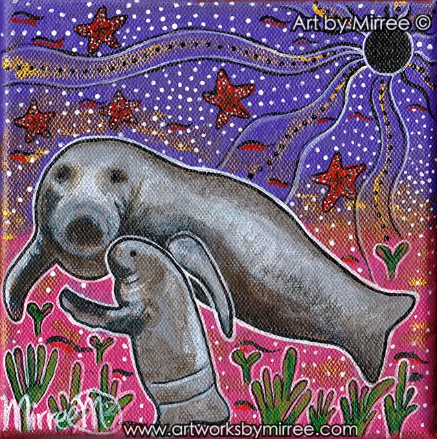 'Dugong Dreaming with Baby' Original Painting by Mirree Contemporary Dreamtime Animal Dreaming