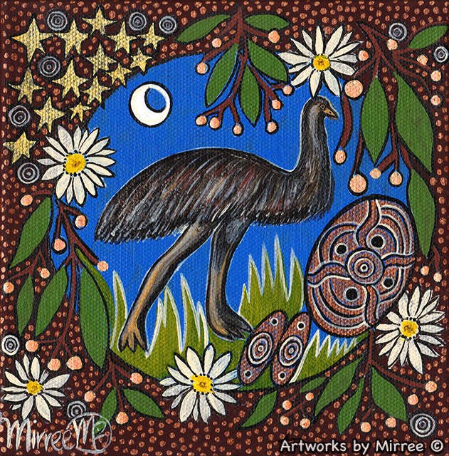 Emu Dreaming with Flower Medicine Framed Canvas Print by Mirree Contemporary Aboriginal Art