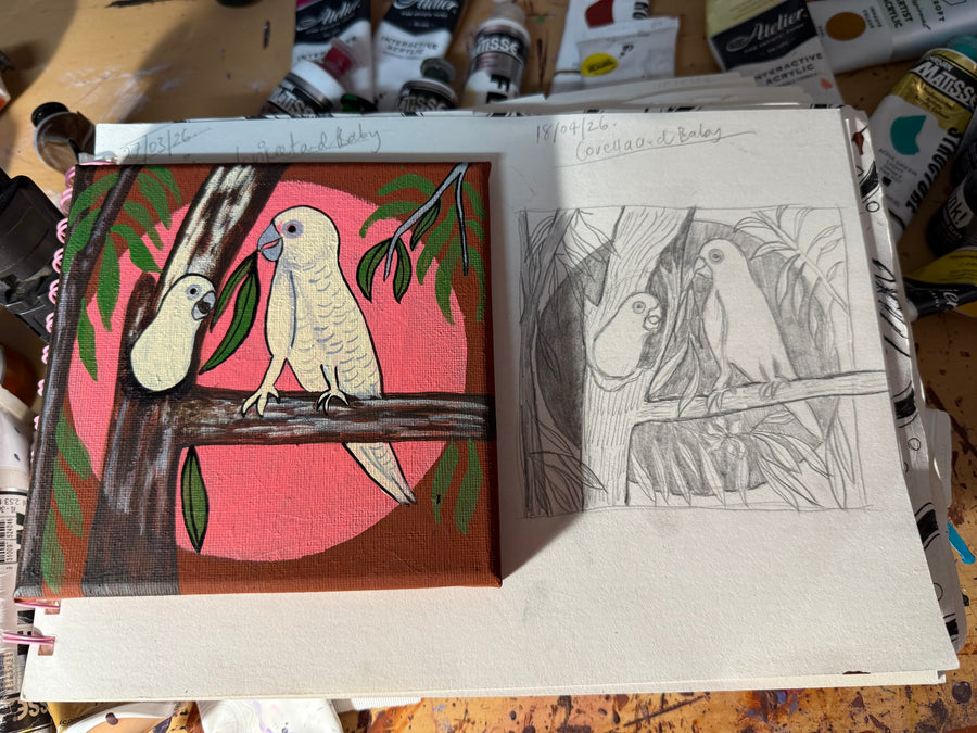 'Corella and Baby' Original Painting by Mirree Contemporary Dreamtime Animal Dreaming