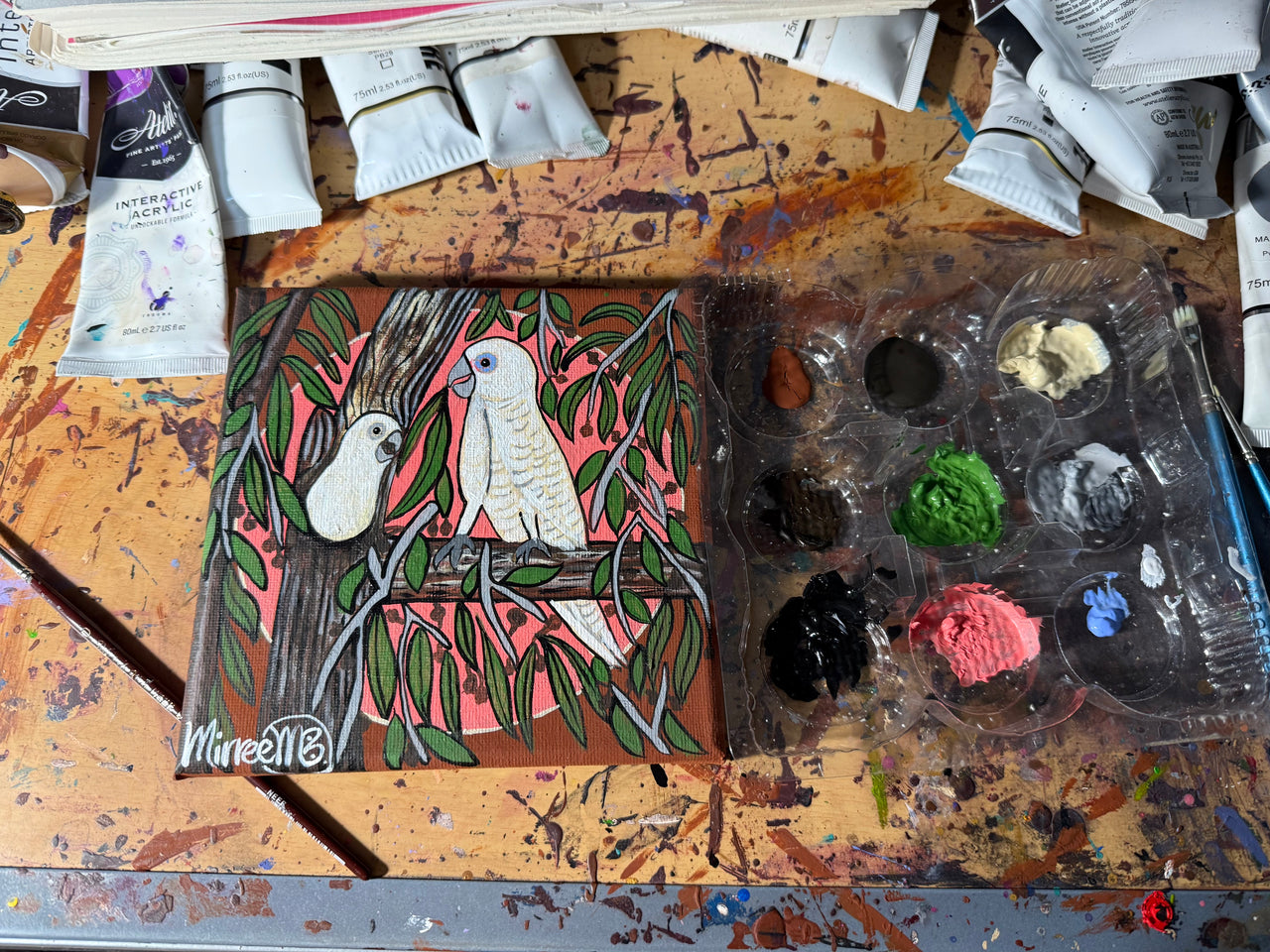 'Corella and Baby' Original Painting by Mirree Contemporary Dreamtime Animal Dreaming