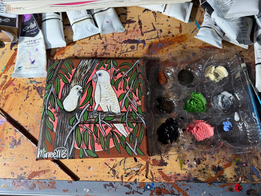 'Corella and Baby' Original Painting by Mirree Contemporary Dreamtime Animal Dreaming