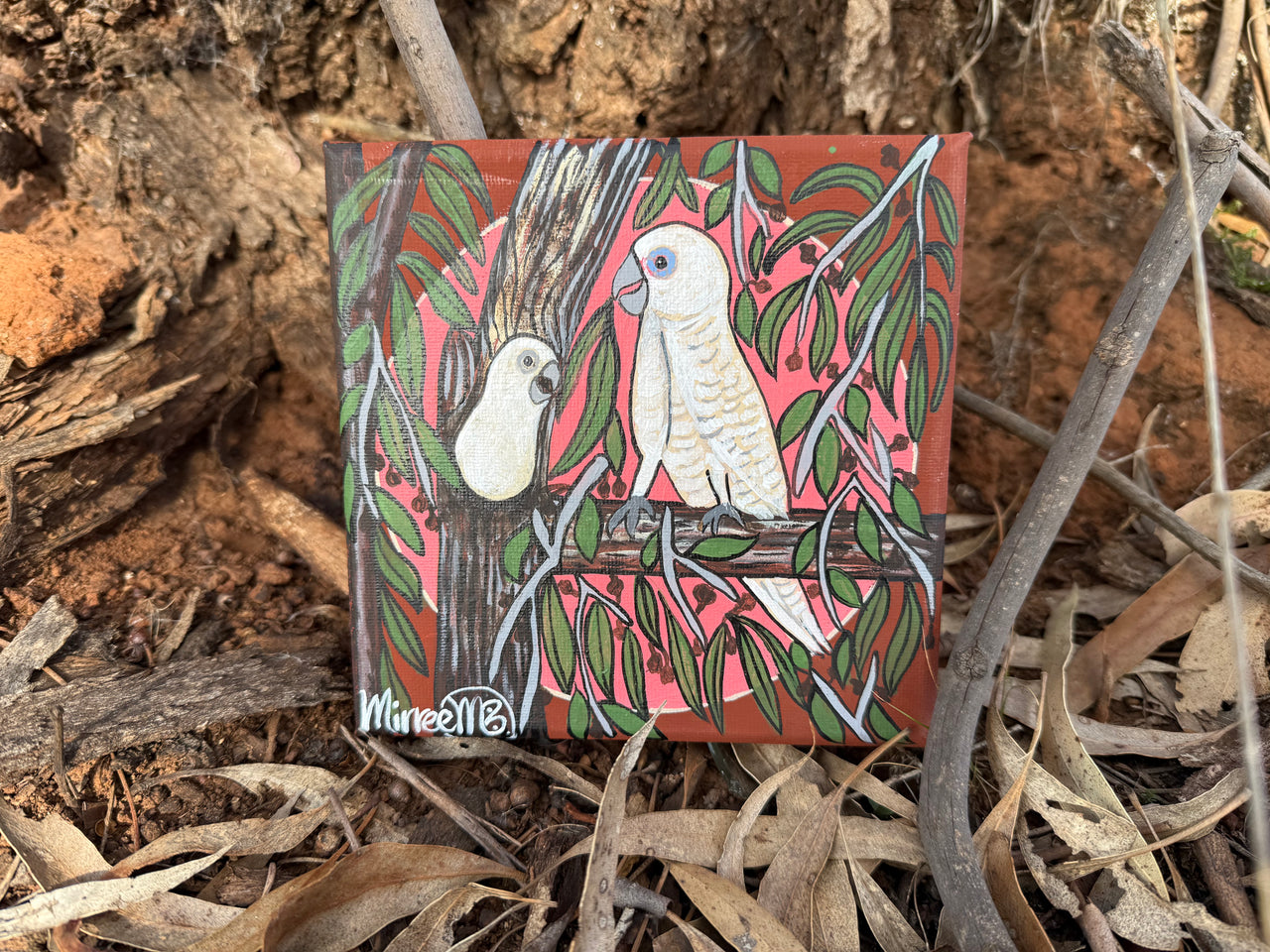 'Corella and Baby' Original Painting by Mirree Contemporary Dreamtime Animal Dreaming