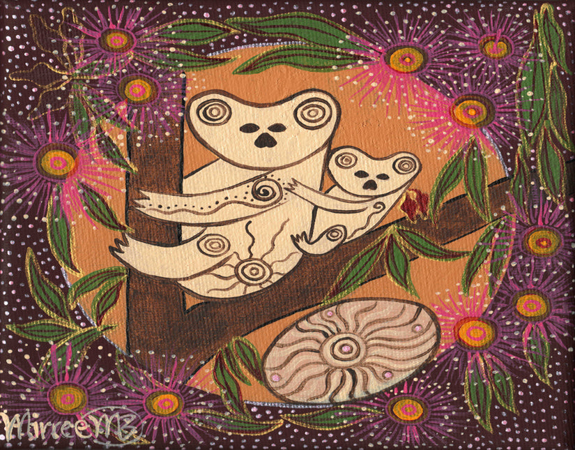 Koala and Baby Dreaming with Coolamon and Flower Medicine A6 Greeting Card Single by Mirree