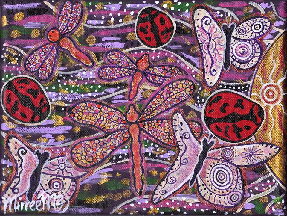 Ancestral Lady Beetle, Butterfly and Dragonfly Dreaming Contemporary Aboriginal Art Original Painting by Mirree