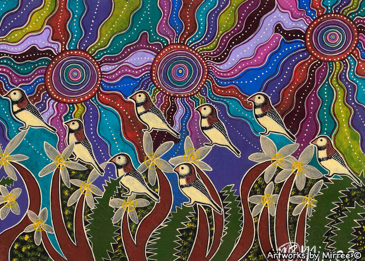 Ancestral OWL FINCHES' ORIGINAL PAINTING by Mirree Contemporary Aboriginal Art