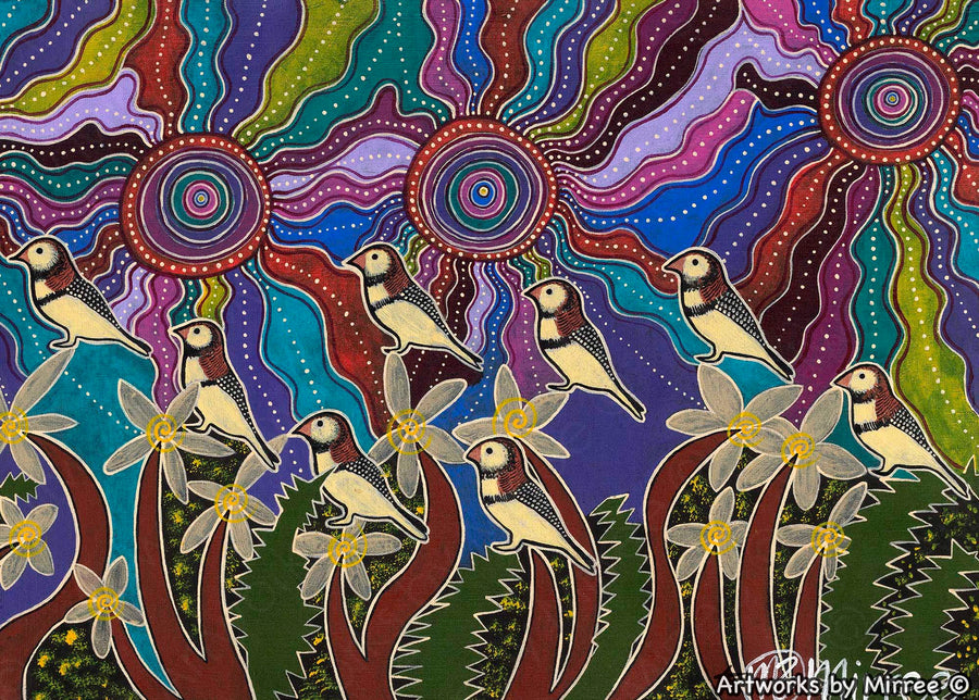 Ancestral OWL FINCHES' ORIGINAL PAINTING by Mirree Contemporary Aboriginal Art