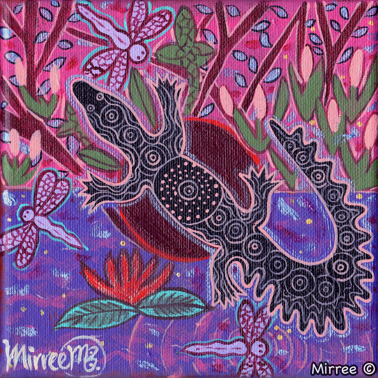 Crocodile Swamp with Dragonfly Framed Canvas Print by Mirree Contemporary Aboriginal Art