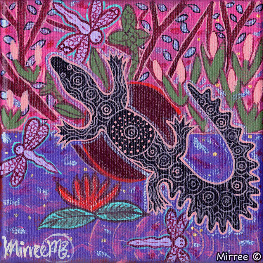 Crocodile Swamp with Dragonfly Framed Canvas Print by Mirree Contemporary Aboriginal Art