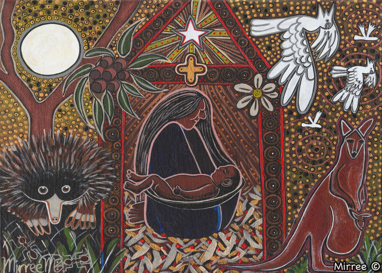 Original Australian Aboriginal Nativity Scene Mother & Baby Art Animal Dreaming Greeting Card Pack of 10 by Mirree