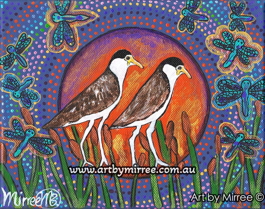 Australian Masked Lapwing Plover Bird Dreaming Contemporary Aboriginal Art Original Painting by Mirree