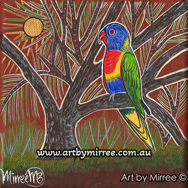 Rainbow Lorikeet in She-Oak Tree ORIGINAL PAINTING by Mirree Contemporary Aboriginal Art
