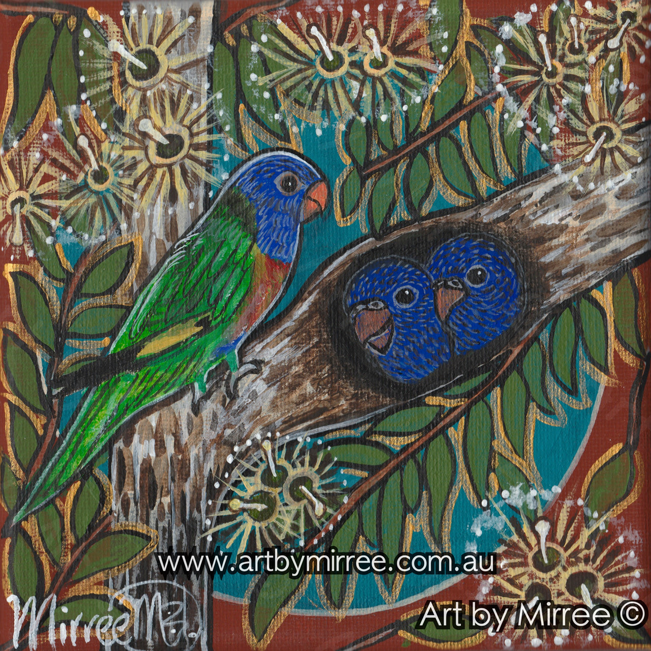 'Rainbow Lorikeet with Babies' Original Painting by Mirree Contemporary Dreamtime Animal Dreaming