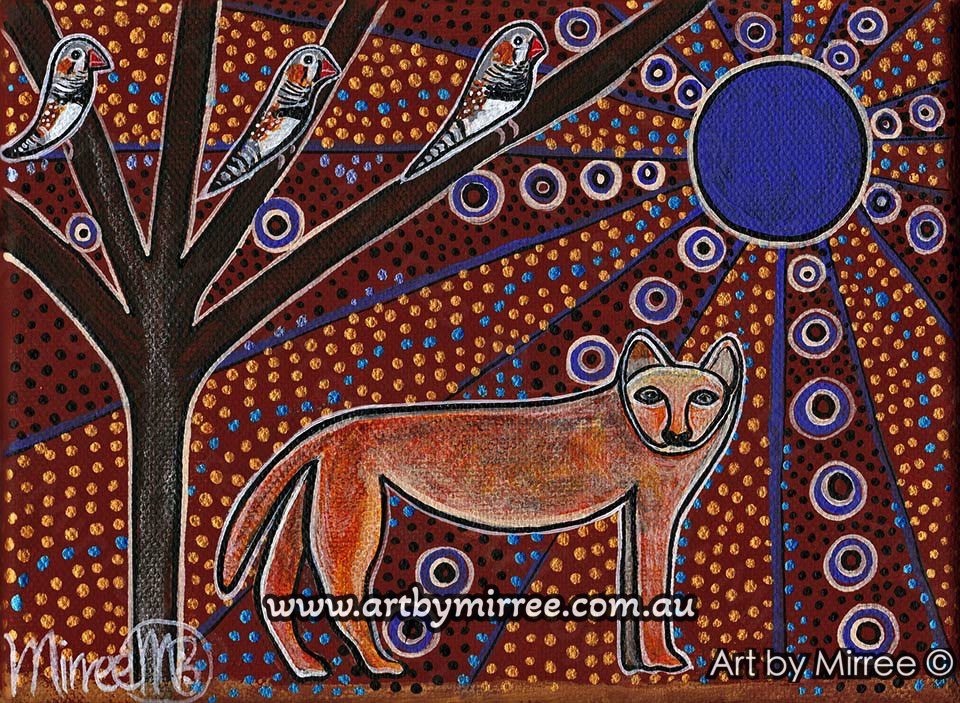 'Walkabout Dingo with Zebra Finch' Original Painting by Mirree Contemporary Dreamtime Animal Dreaming