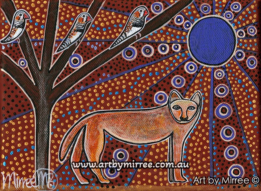 'Walkabout Dingo with Zebra Finch' Original Painting by Mirree Contemporary Dreamtime Animal Dreaming