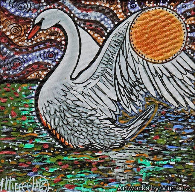 White Swan Framed Canvas Print by Mirree Contemporary Aboriginal Art