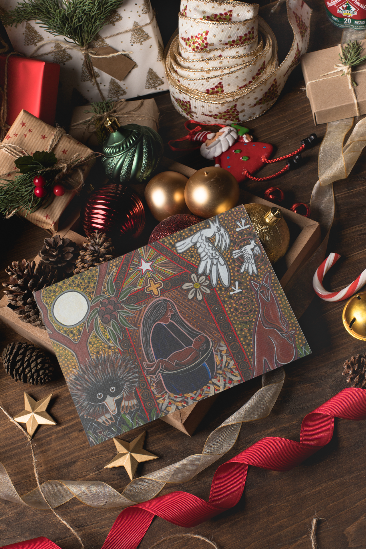 Original Australian Aboriginal Nativity Scene Mother & Baby Art Animal Dreaming Greeting Card Single by Mirree