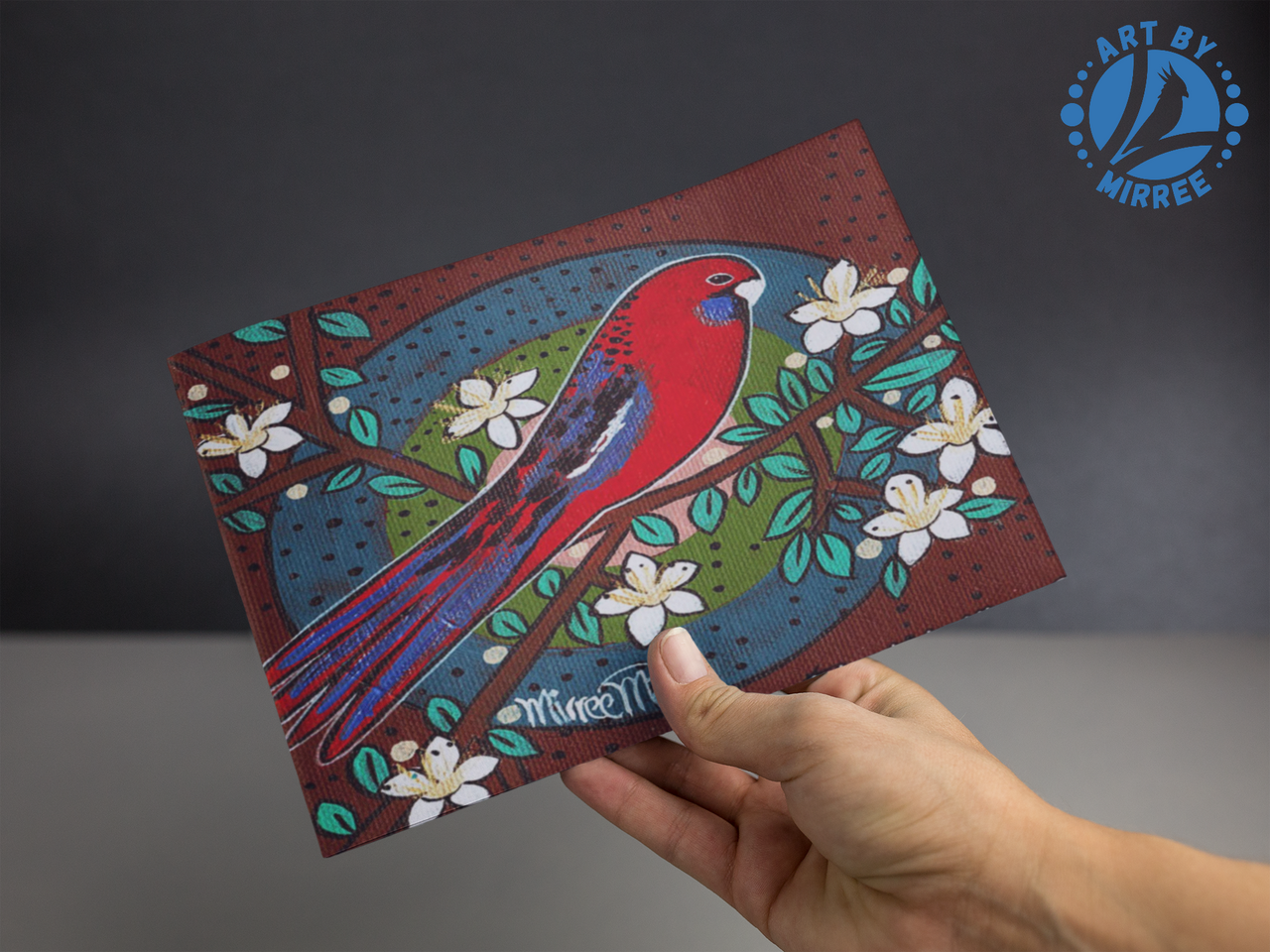Crimson Rosella Universal Spirit Dreaming Aboriginal Art A6 blank PostCard Single by Mirree