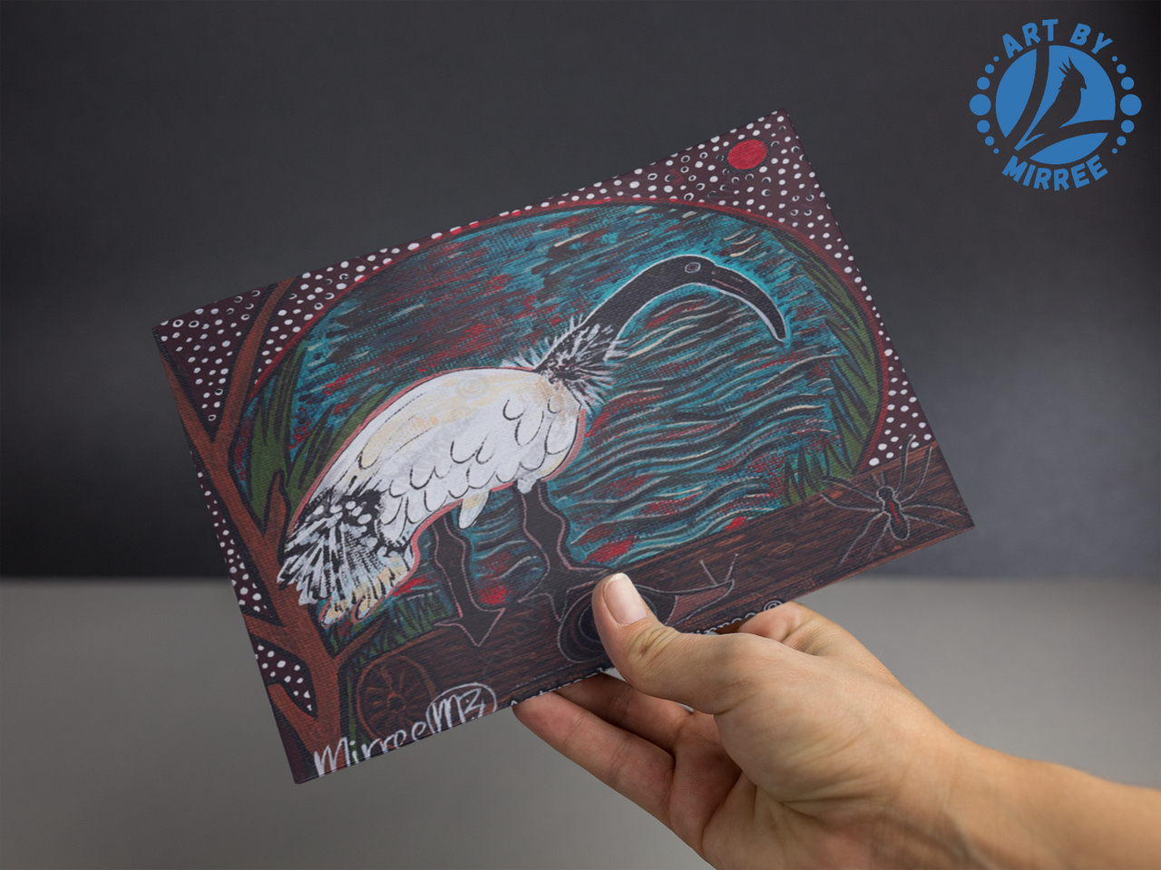 Australian Ibis Bird Universal Spirit Dreaming Aboriginal Art A6 blank PostCard Single by Mirree