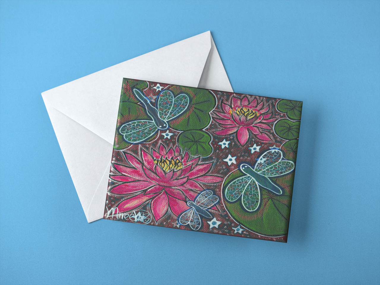 Double Pink Lotus with Lilly Pads & Dragonflies flower medicine A6 Greeting Card Single by Mirree