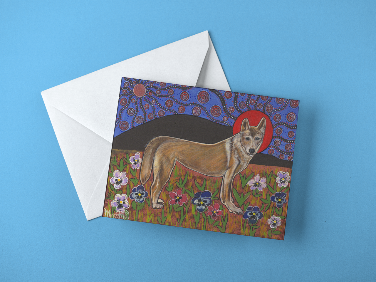 Dingo in the Garden with Flower Medicine A6 Greeting Card Single by Mirree