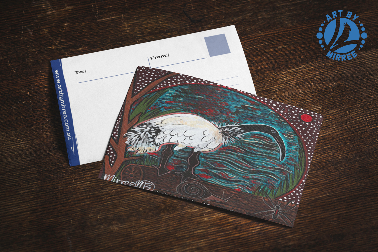 Australian Ibis Bird Universal Spirit Dreaming Aboriginal Art A6 blank PostCard Single by Mirree