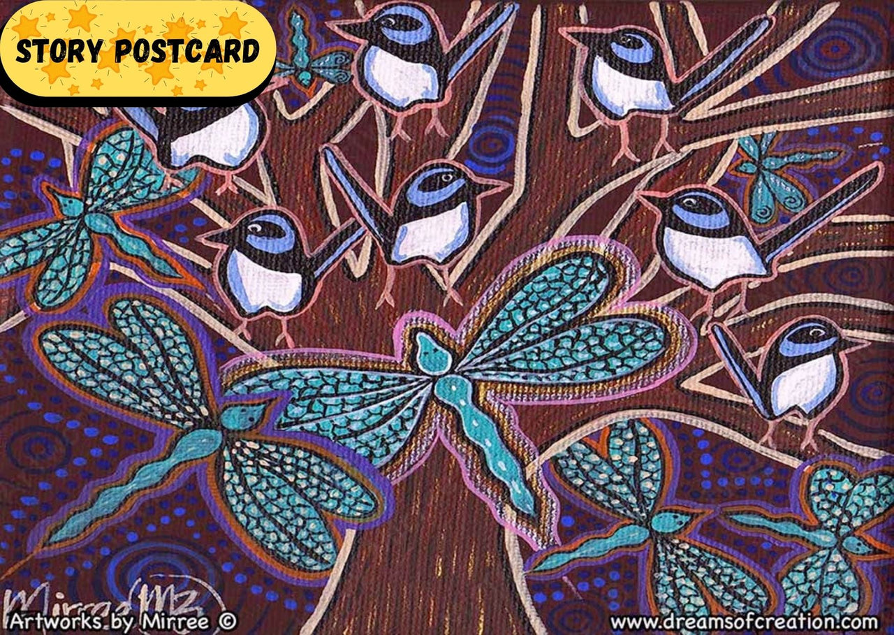 'Woodland Forest Wren with Dragonflies' Aboriginal Art A6 Story PostCard Single by Mirree
