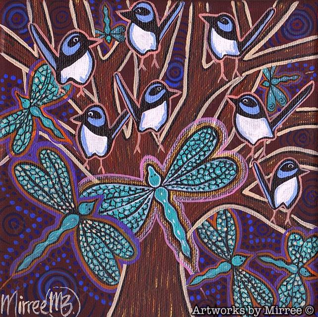 BLUE WREN WITH DRAGONFLY Framed Canvas Print by Mirree Contemporary Aboriginal Art