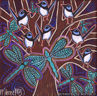 Thumbnail for BLUE WREN WITH DRAGONFLY Framed Canvas Print by Mirree Contemporary Aboriginal Art