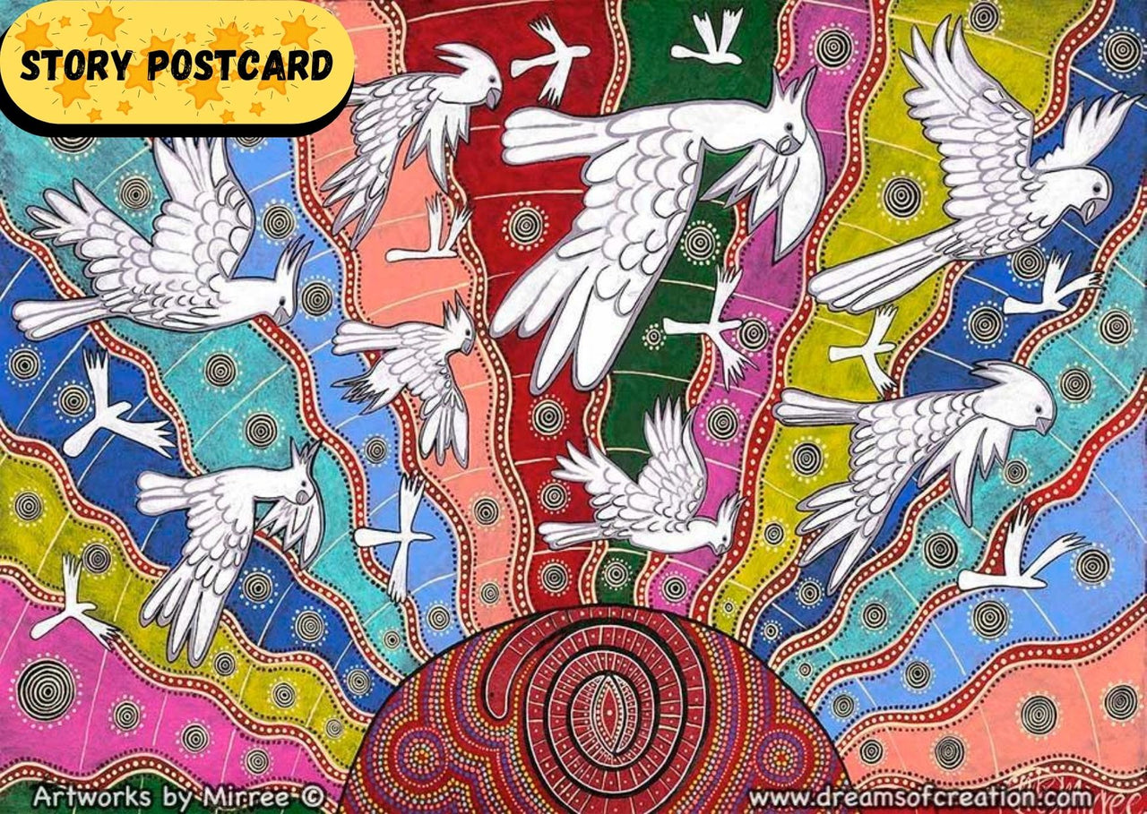 White Cockatoo Rebirth Aboriginal Art A6 Story PostCard Single by Mirree