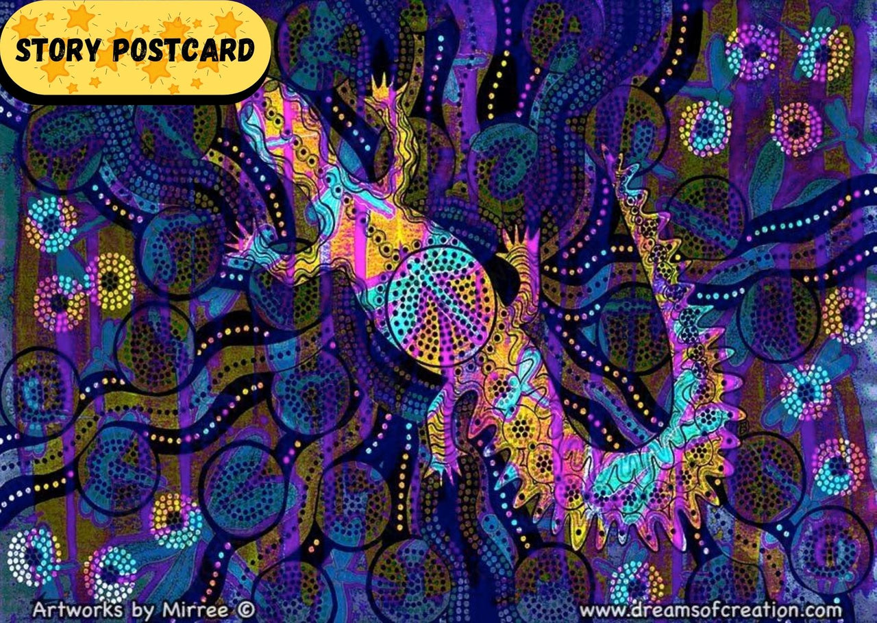 Crocodile Dreaming with Dragonfly by Midnight Aboriginal Art A6 Story PostCard Single by Mirree