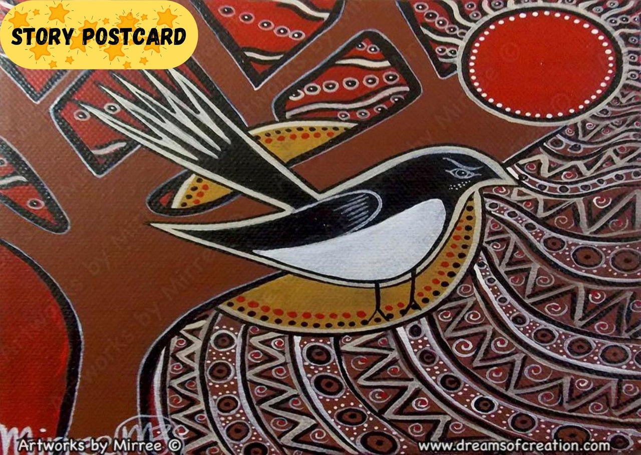 Australian Willie Wagtail Rising from the Ashes Aboriginal Art A6 Story PostCard Single by Mirree