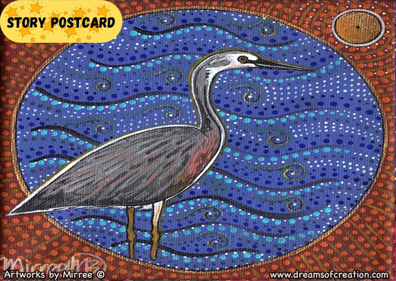 'Australian White-Faced Heron' Aboriginal Art A6 Story PostCard Single by Mirree