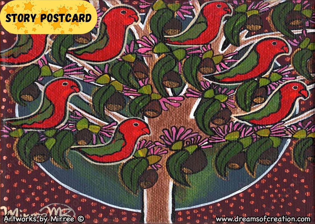 'Australian King Parrots in Tree' Life Changing Aboriginal Art A6 Story PostCard Single by Mirree