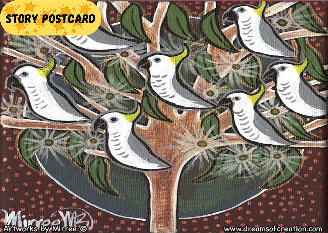 Australian Sulphur Crested White Cockatoos in Tree Aboriginal Art A6 Story PostCard Single by Mirree