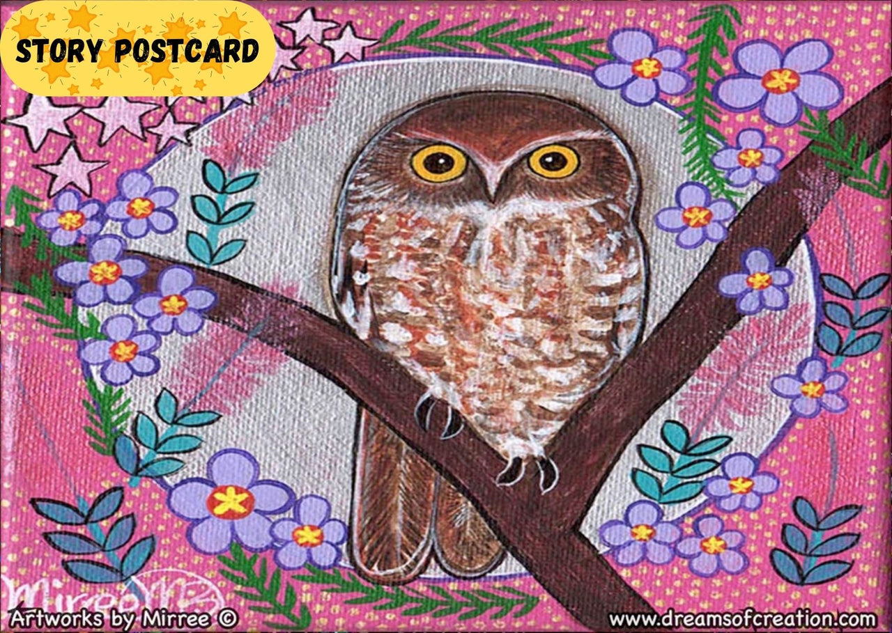 'Australian Boo Book Owl Moon Dreaming' Aboriginal Art A6 Story PostCard Single by Mirree